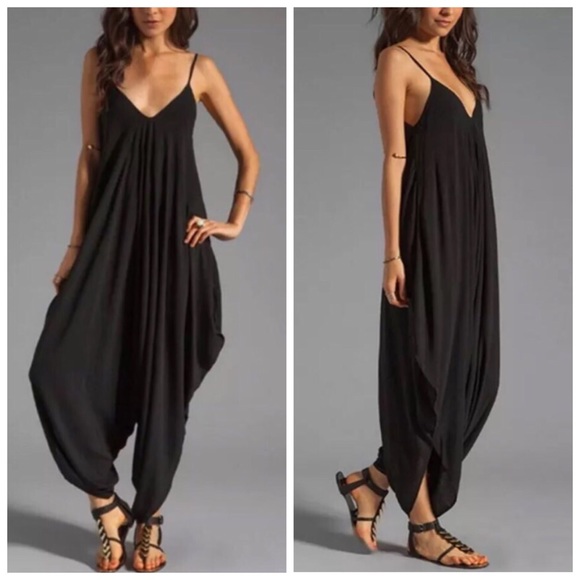Couture Gypsy Pants - Boho Black Harem Loose Drape Jumpsuit S M L